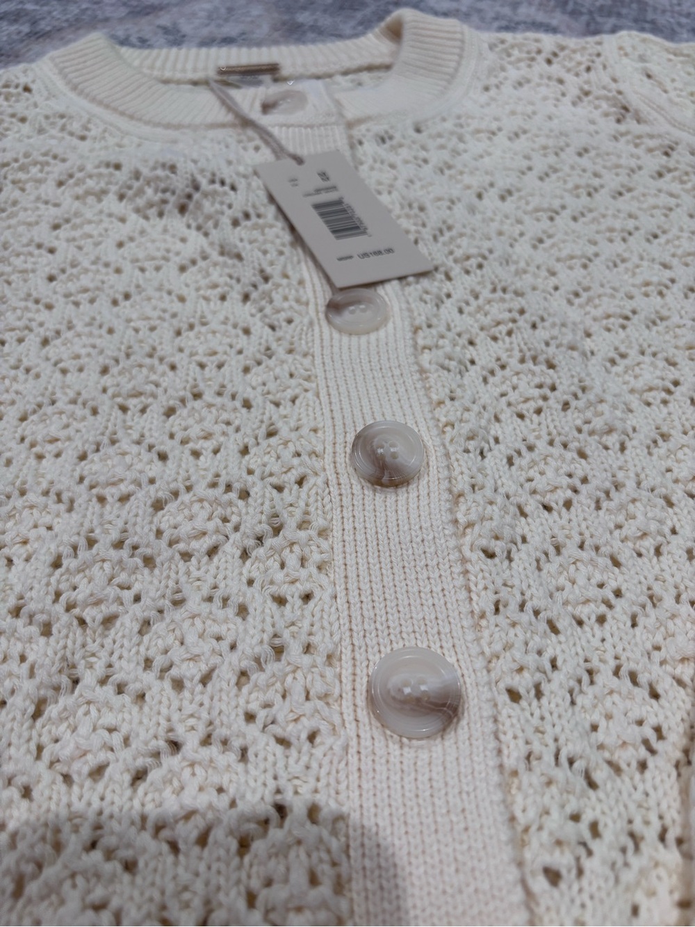 Magaschoni Creamy White Crochet Open-Knit Button-Front Cardigan, size Medium NWT - Picture 8 of 11